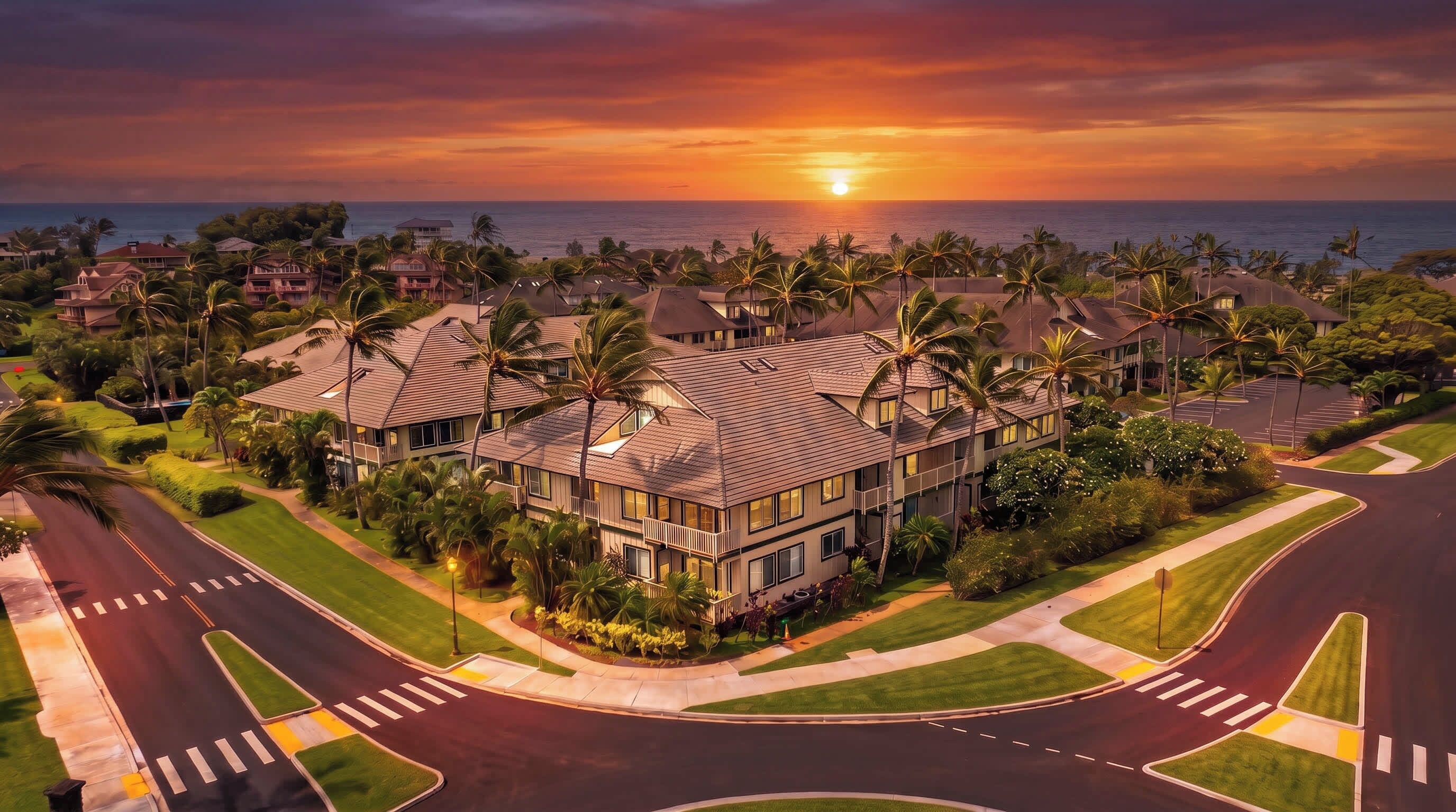 A modern hotel with a rooftop pool, surrounded by palm trees and a view of the ocean at sunset.