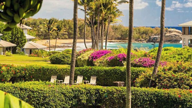 A resort with palm trees, a pool, and a view of the ocean. - New Ground-Floor Poipu Escape Near Shipwreck Beach (Koloa)