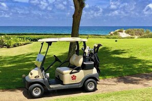 Ein Golfmobil steht auf einem Golfplatz mit Blick auf den Ozean.