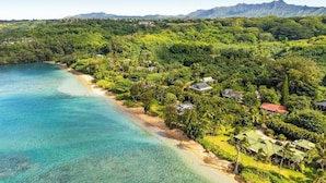 Vista aérea de una zona costera con playa, abundante vegetación y casas dispersas.