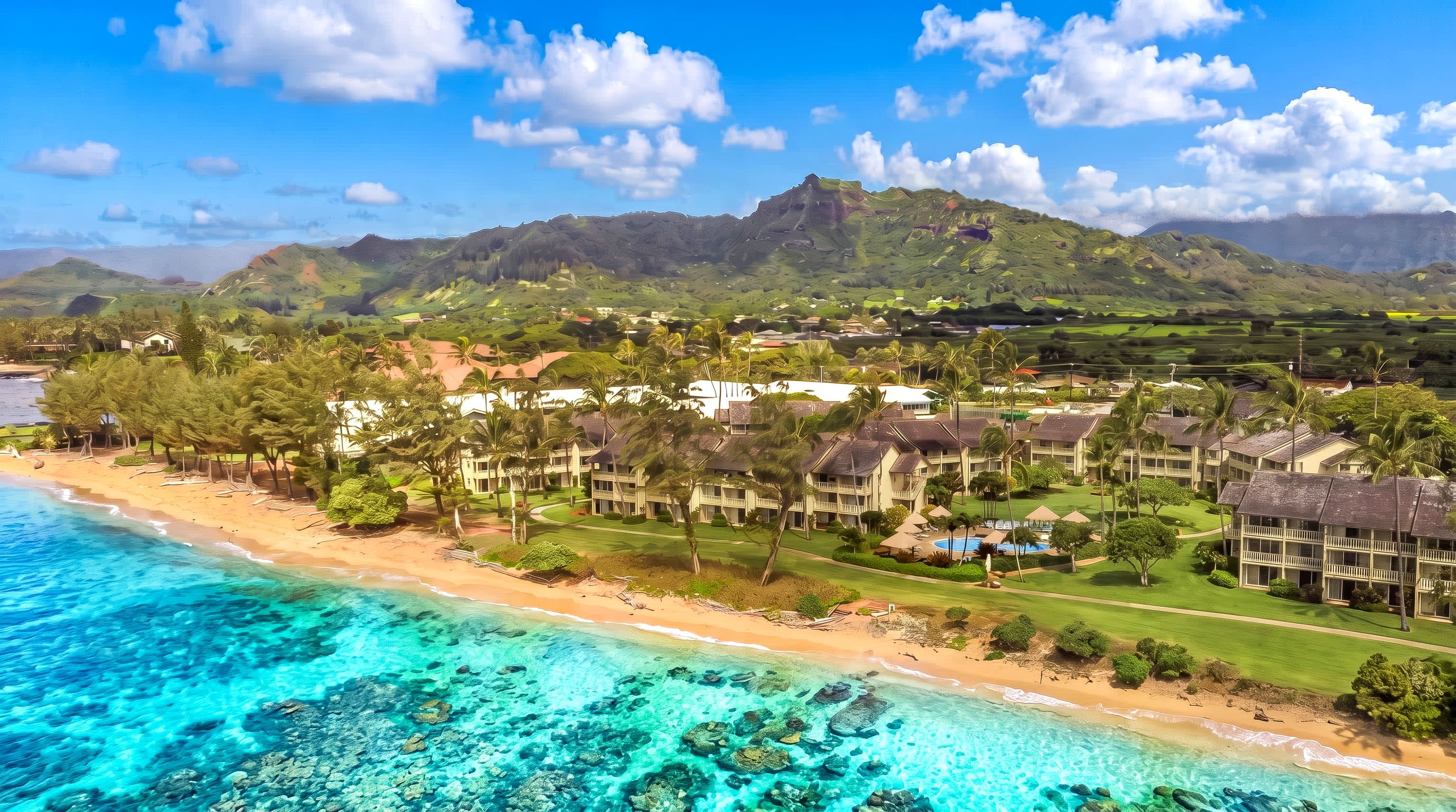 A coastal resort with beachfront properties, a pool, and a mountainous backdrop.