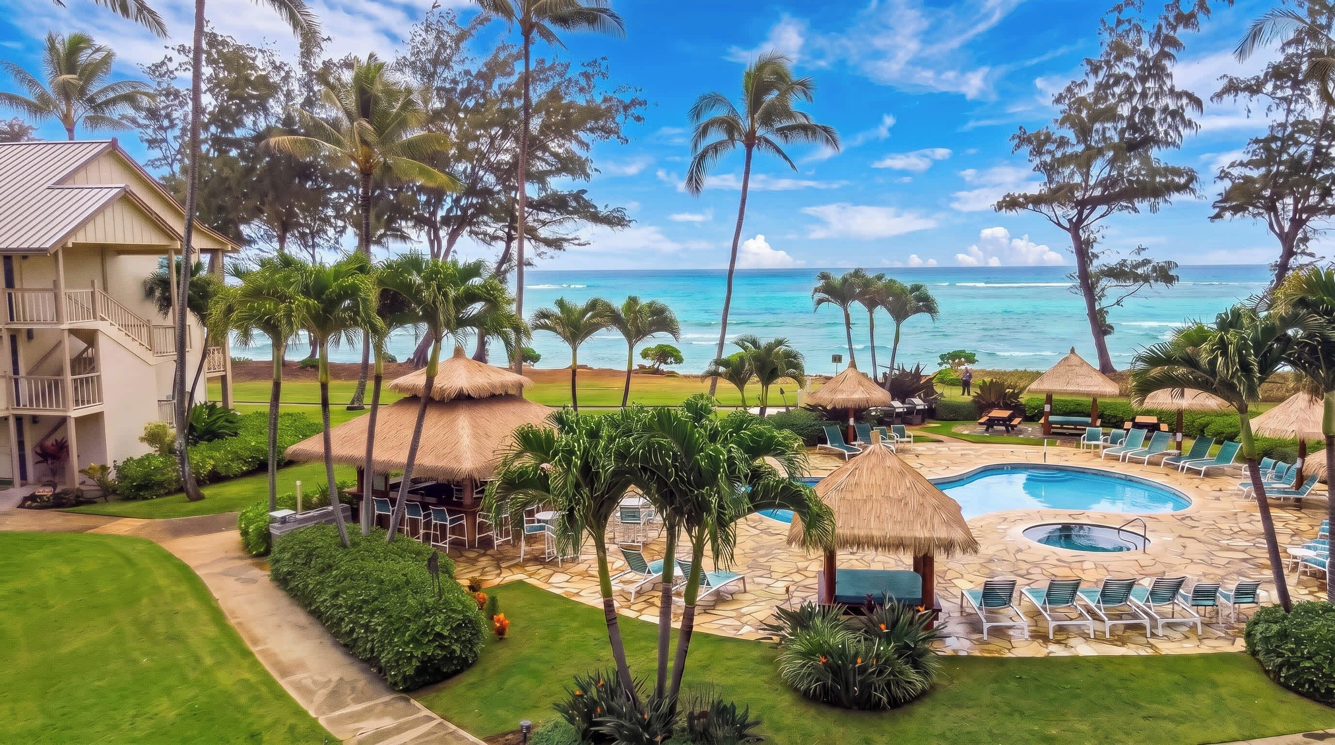 A resort with a pool, lounge chairs, and a view of the ocean.