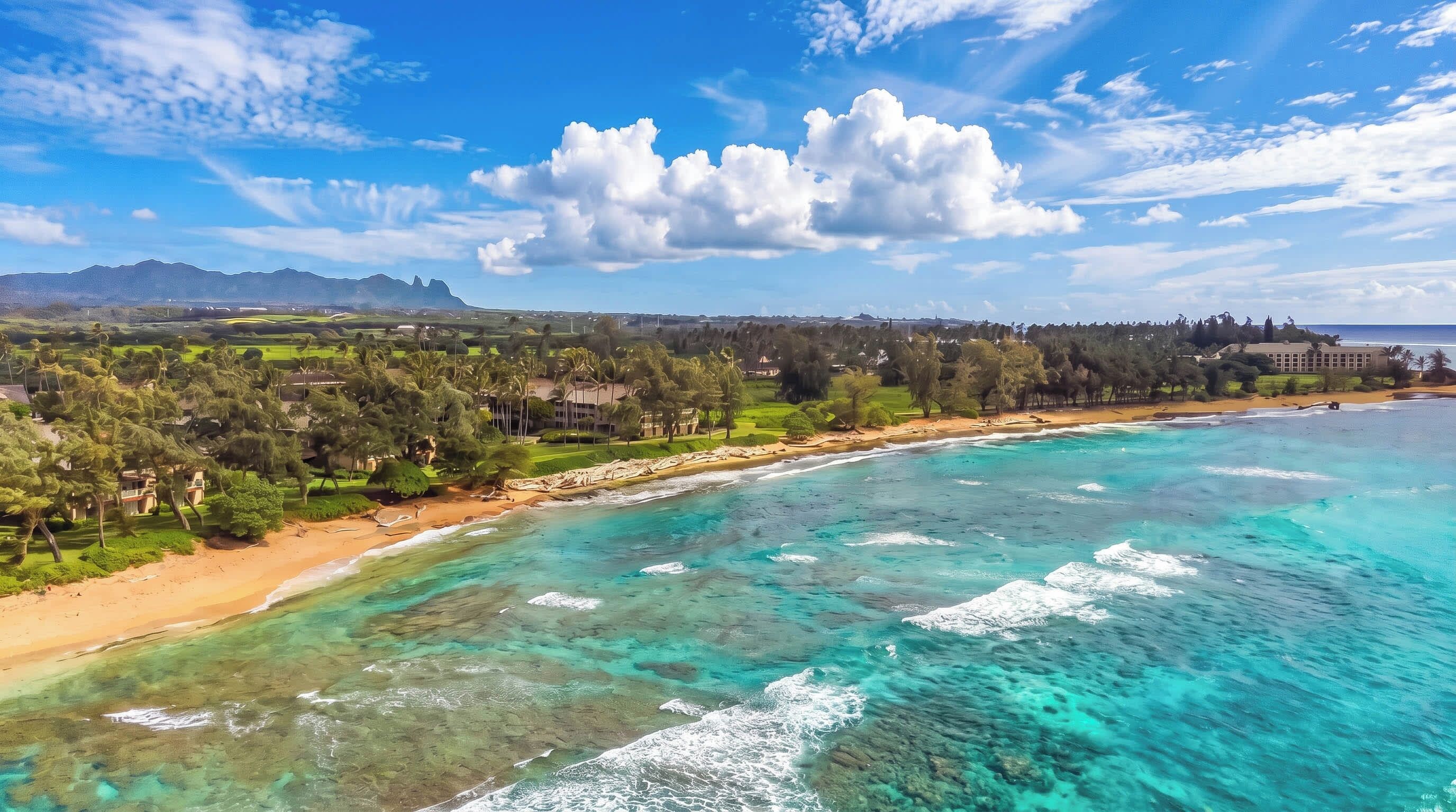 Un paysage côtier caractérisé par une eau turquoise cristalline, une plage de sable et, en arrière-plan, des montagnes et une végétation luxuriante.