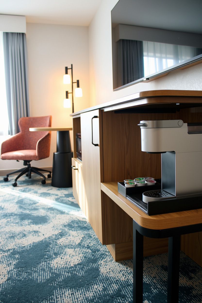 Habitación de hotel con escritorio, silla, cafetera y televisor.