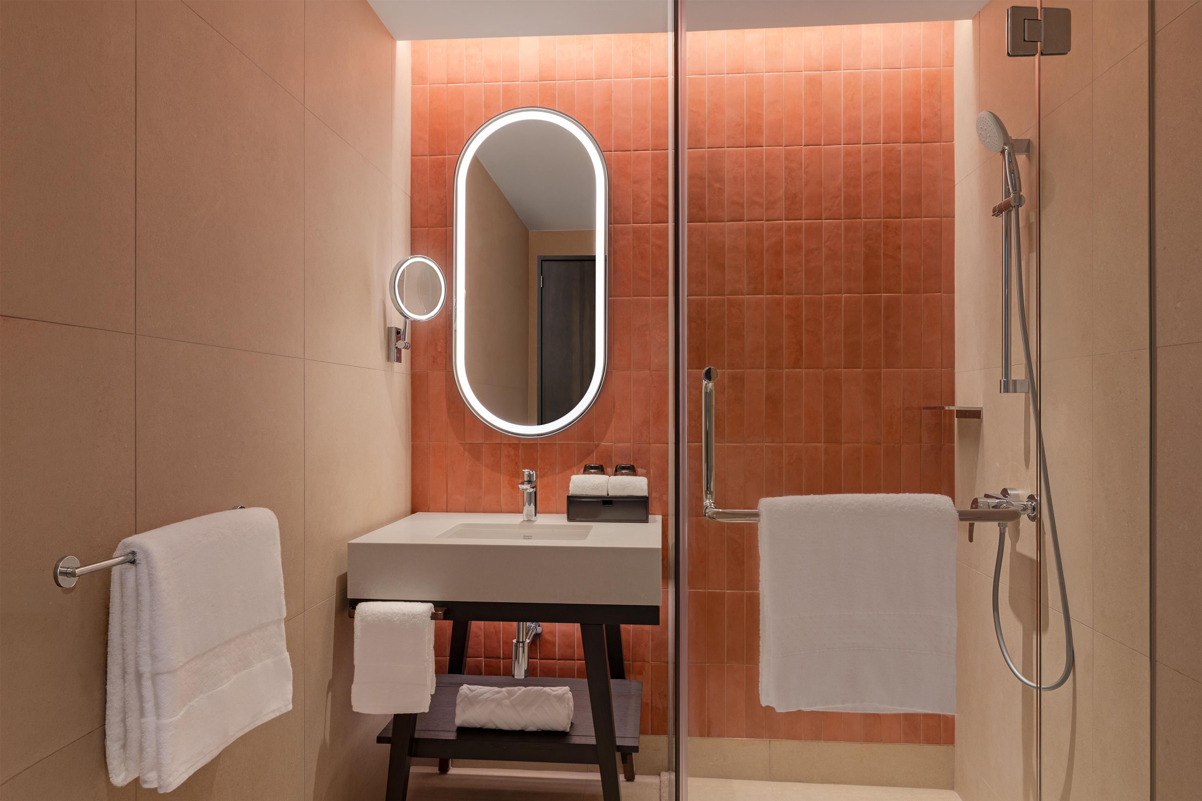 A modern bathroom with a glass-enclosed shower, a white sink, and a large mirror.