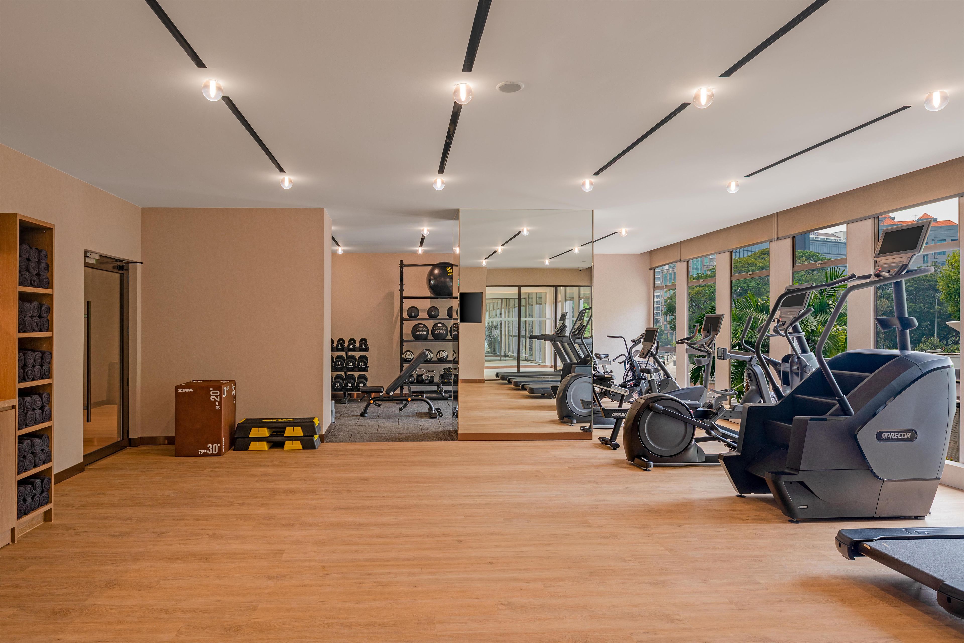 A gym with exercise equipment, a weight rack, and a mirror.
