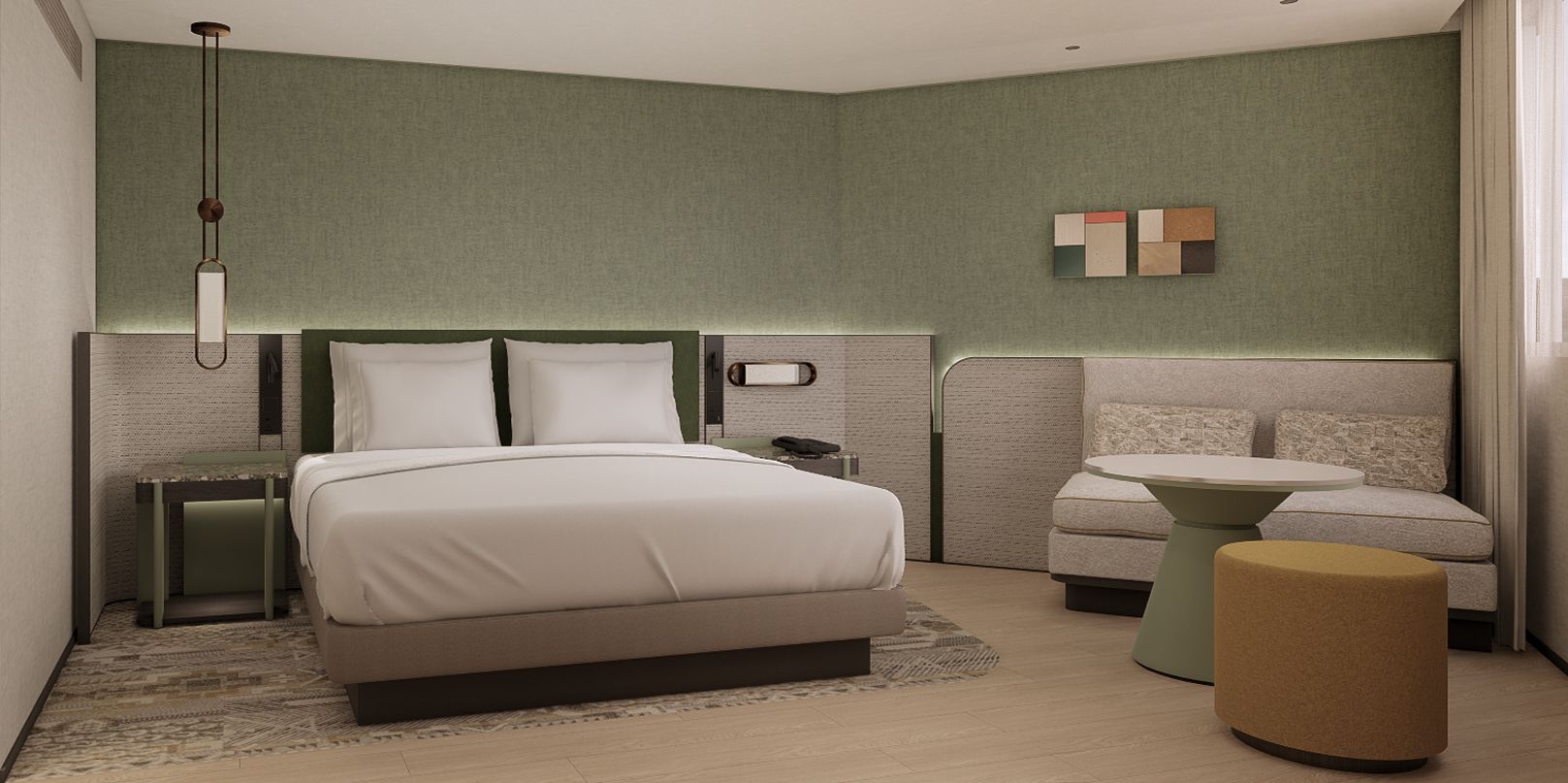 A modern hotel room with a large bed, bedside tables, a round table, and a small ottoman.