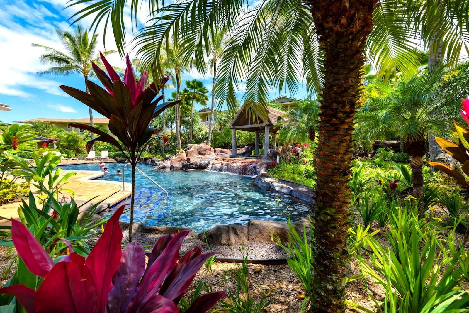 A tropical resort with a swimming pool, palm trees, and a waterfall.