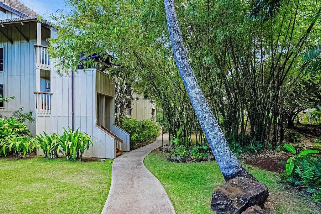 A pathway leading to a house with a balcony, surrounded by lush greenery and a large tree.