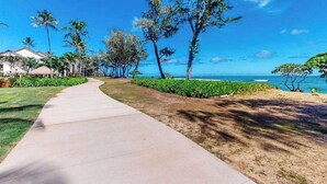 Ein gepflasterter Weg führt zu einem Strand mit Palmen und blauem Himmel.
