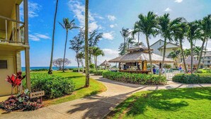 Ein Resort mit einem Weg, der zu einer strohgedeckten Struktur führt, umgeben von Palmen und einem gepflegten Rasen.