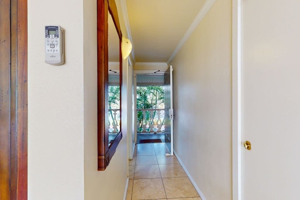 A hallway with a door on the left, a wall-mounted device, and a view of a balcony with greenery.