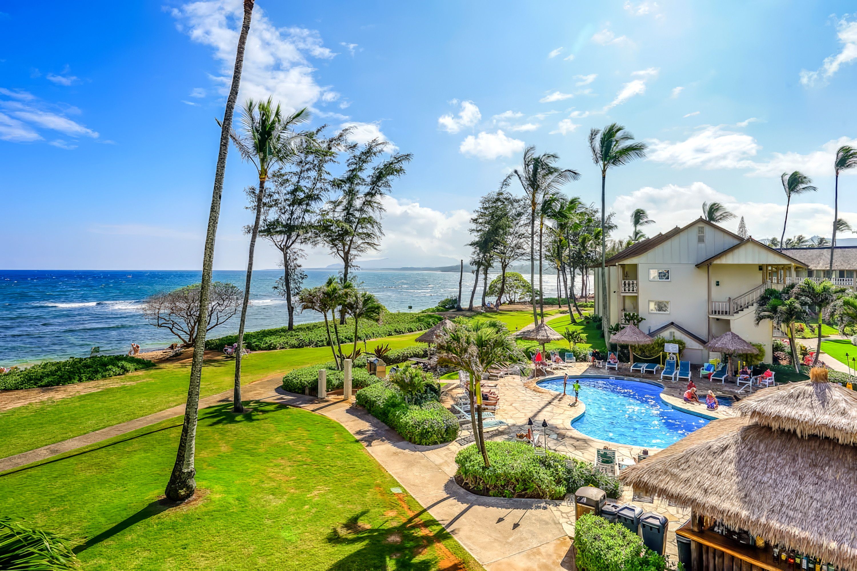 A resort with a pool, palm trees, and a view of the ocean.
