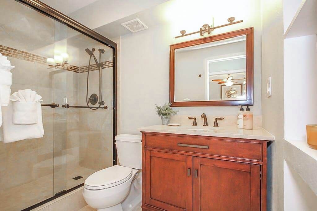 A bathroom with a glass shower enclosure, a white toilet, a wooden vanity with a mirror, and a small potted plant.
