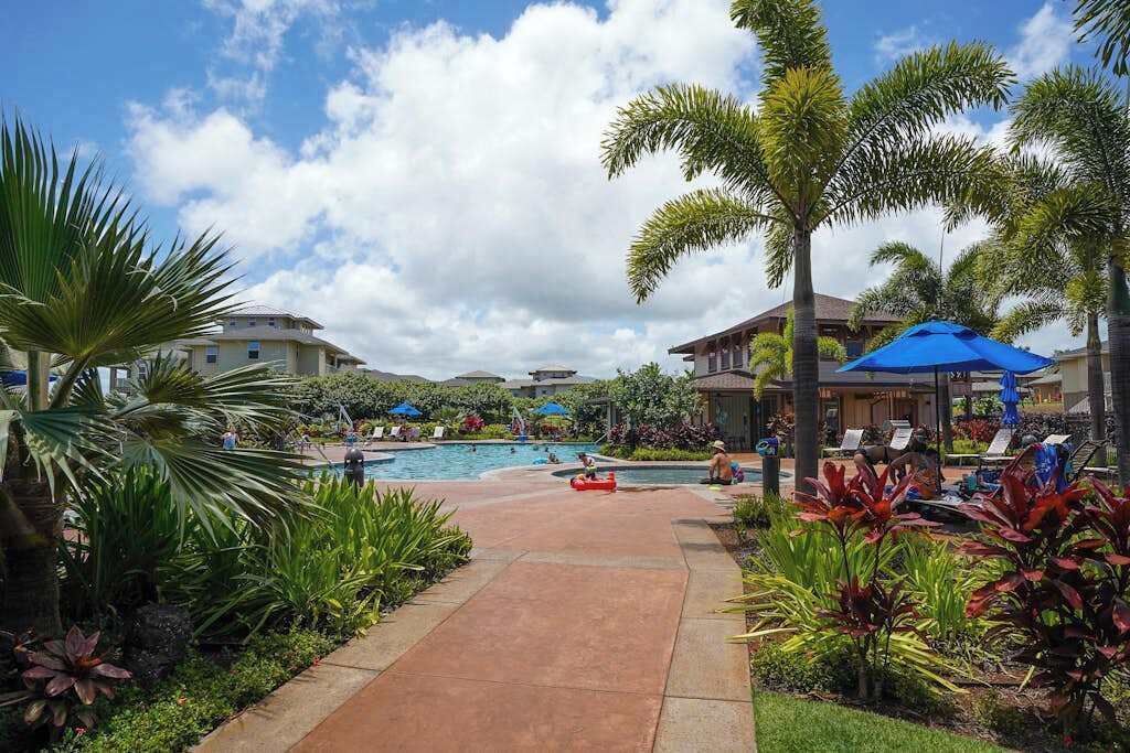 A resort pool area with palm trees, lounge chairs, and a clear sky.