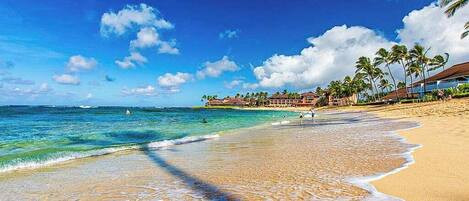 A beach with clear water, a sandy shore, and a resort with buildings and palm trees.