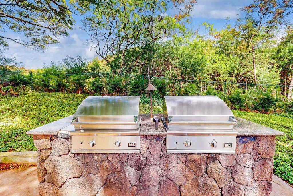 Una parrilla de piedra con termómetro incorporado y campana extractora.