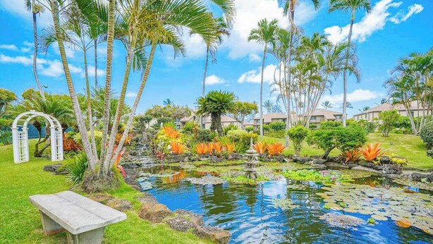 A serene garden with a pond, palm trees, and a stone bench. - *NEW* Oceanfront Kapaa Retreat with Private Lanai and Pool (Kapaa)