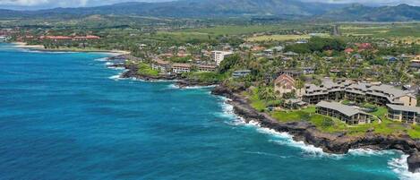 A coastal resort with ocean views, a rocky shoreline, and a mix of residential and commercial buildings.