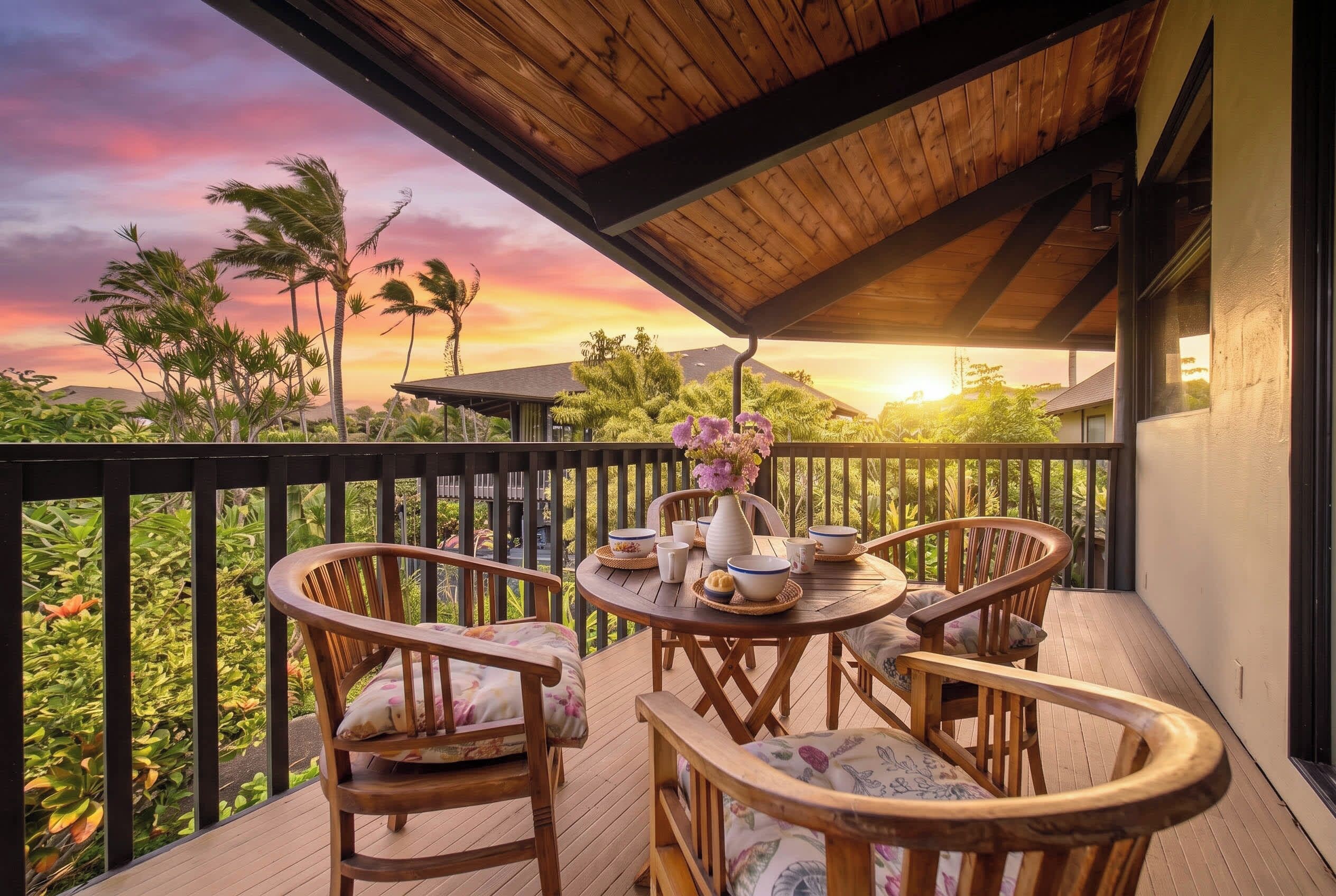 A wooden deck with a table and chairs, overlooking a landscape with palm trees and a sunset.
