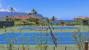 Cancha de tenis con red, rodeada de follaje y con una montaña al fondo.