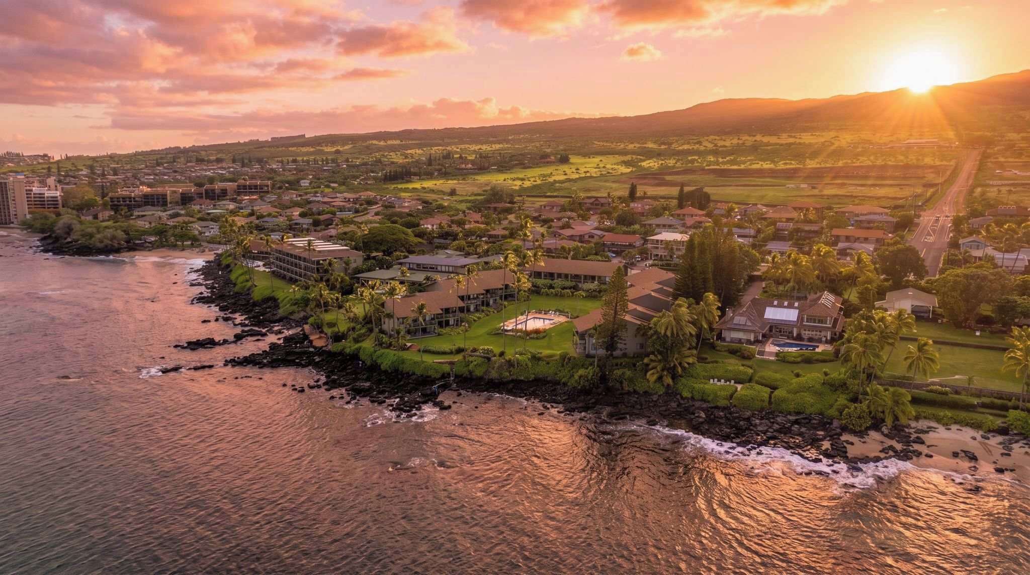 A coastal residential area with houses, a beach, and a hilly landscape in the background.