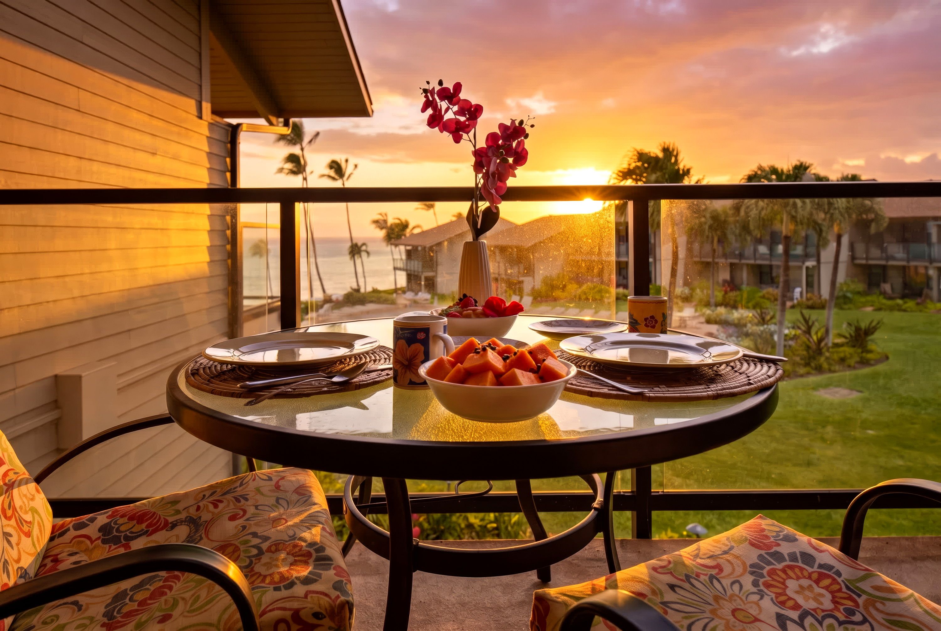 Una mesa de comedor dispuesta con platos, tazones y un florero con flores, con vistas a un paisaje pintoresco.