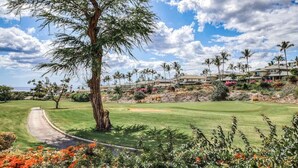 Un campo da golf con un percorso ben definito, palme e case sullo sfondo.