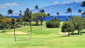 Camp de golf amb vistes a l'oceà i a les muntanyes.