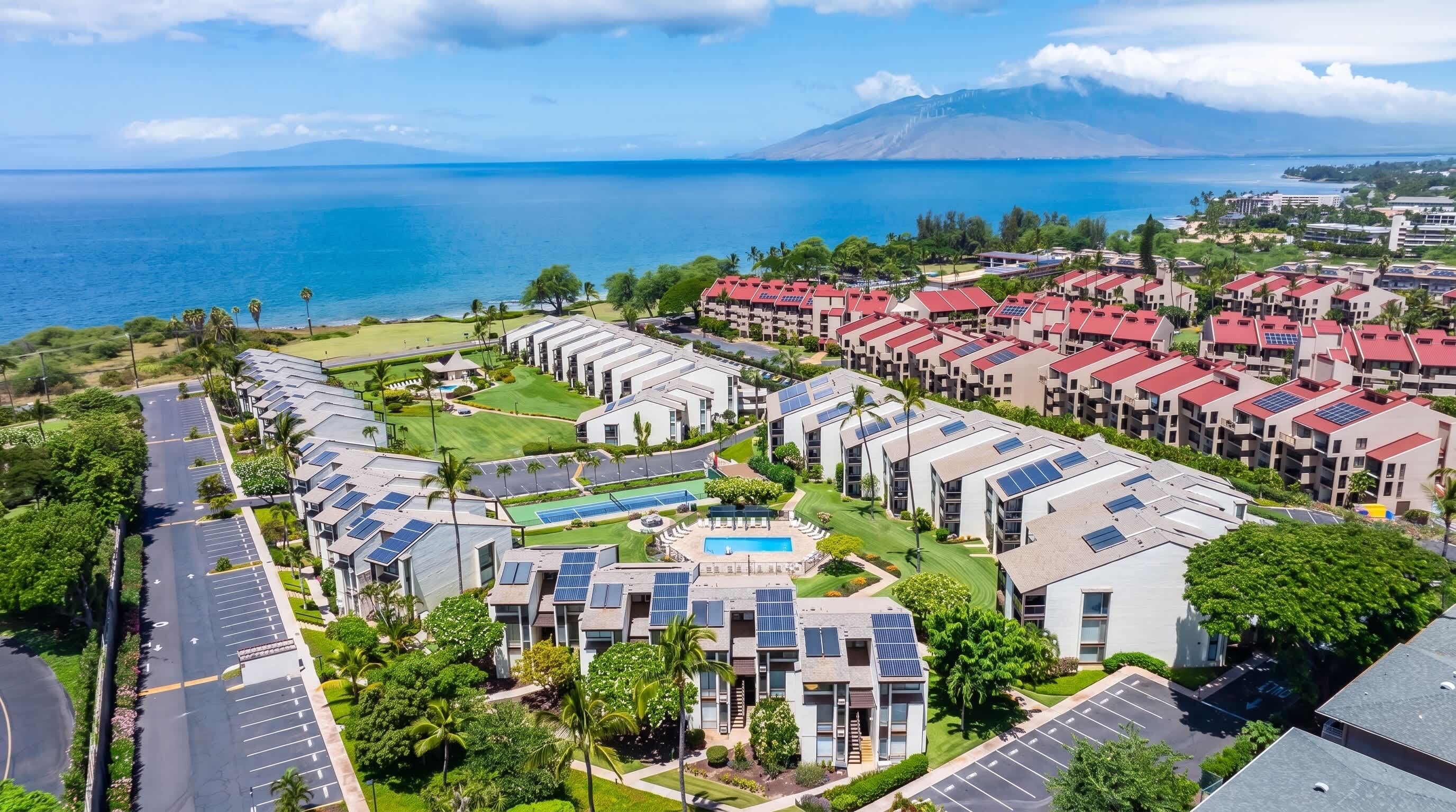 A resort with multiple buildings, a swimming pool, and a view of the ocean.