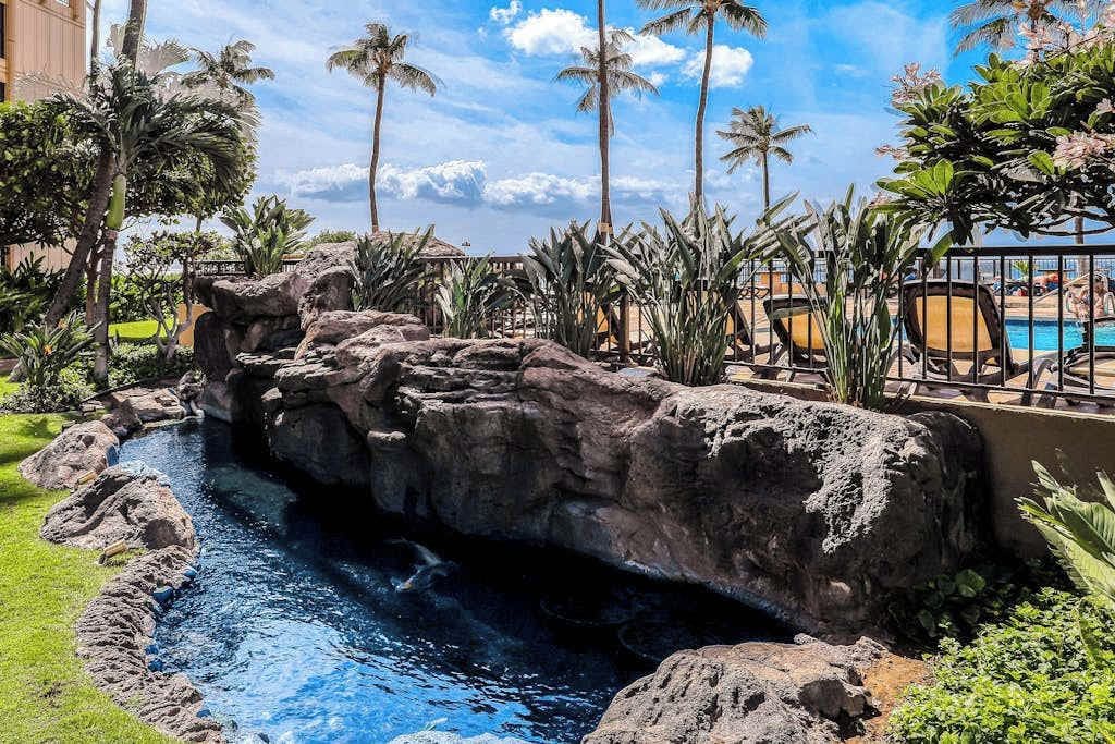 A pool area with a rocky water feature, palm trees, and a lounge area.