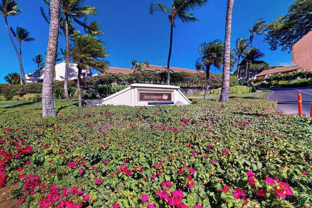 A sign with 'Maui Kamehameha' written on it, surrounded by lush greenery and palm trees.