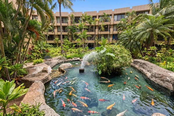 Ein Hotelinnenhof mit Teich, Palmen und einem Wasserspiel.