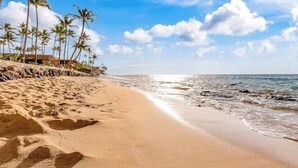 Ein Sandstrand mit Palmen und blauem Himmel.