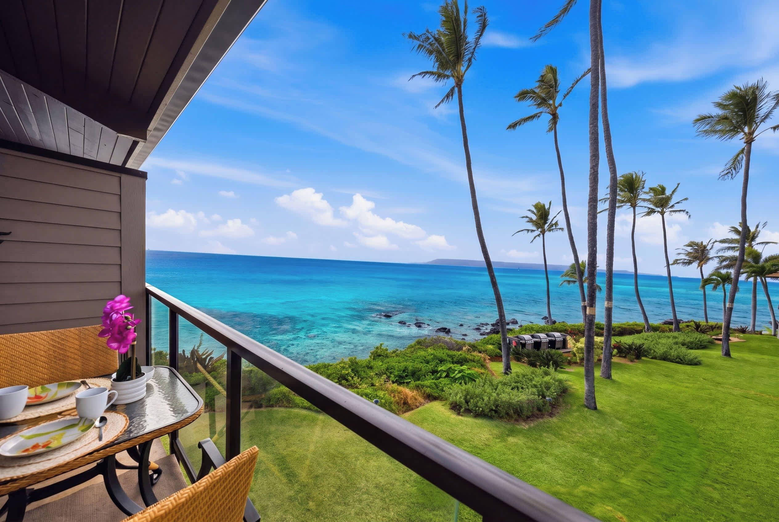 A balcony with a view of the ocean and palm trees.