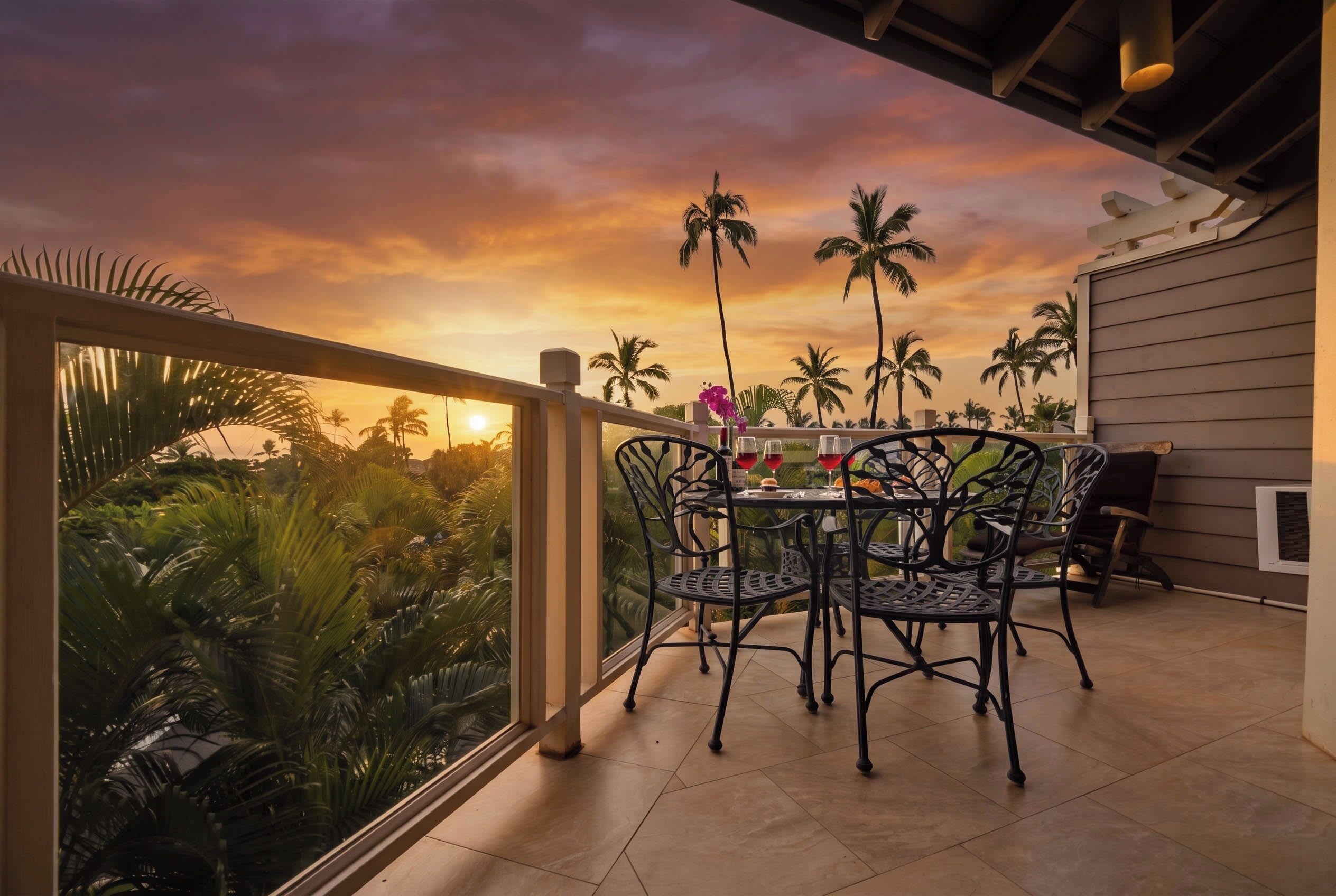 Een balkon met een tafel en stoelen, met uitzicht op een tropisch landschap met palmbomen en een zonsondergang.
