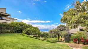 A residential area with a well-maintained lawn, trees, and a pathway leading to a house. - NEW Fall Sale Ocean-View Wailea Townhouse with Two Shaded Lanais (Wailea)