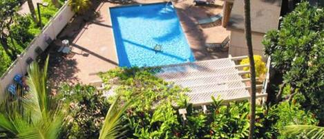Piscina rectangular con un deck circundante, rodeada de exuberante follaje y una cerca blanca.