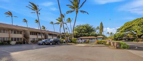A hotel with a parking lot, several parked cars, and palm trees.