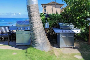 A grill set up near a palm tree, a bench, and a building with a view of the ocean. - *NEW* Fall $pecial Ground-Floor Beachfront Lahaina Condo with Pool (Lahaina)