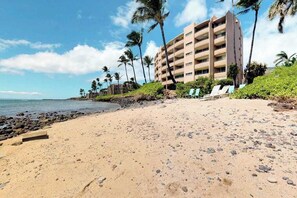 A beach with a hotel, palm trees, and a clear sky. - New 70 Feet from Ma'alaea Bay, Pool and Hot Tub (Wailuku)