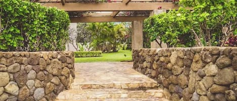Un camino de piedra que lleva a una pérgola de madera con plantas trepadoras.