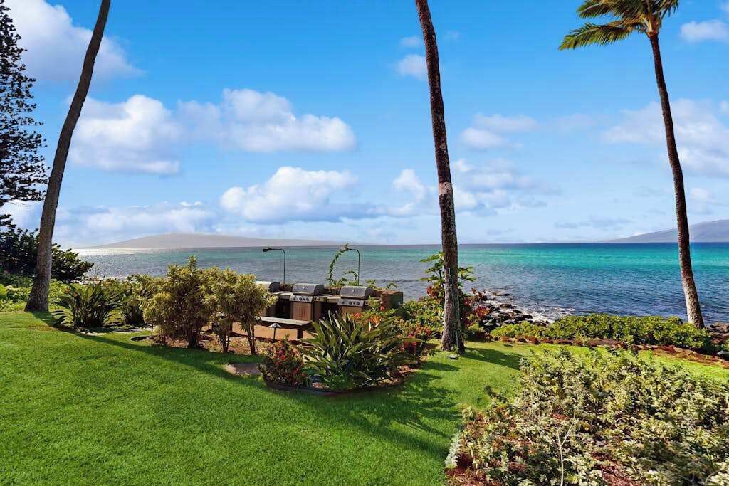 A beachfront property with a barbecue area, palm trees, and a view of the ocean.