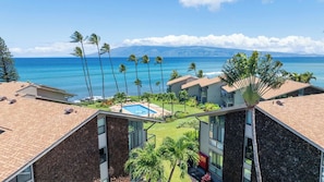 Un resort con piscina, palme e vista sull'oceano.