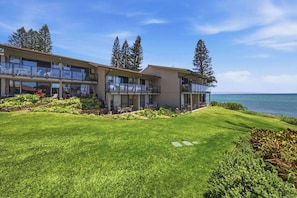 A modern hotel with a two-story structure, large windows, and a well-maintained lawn. - Ground Floor Mahina Surf Oceanfront Condo at Turtle Beach- Pool, Kitchen, WD, TV (Lahaina)