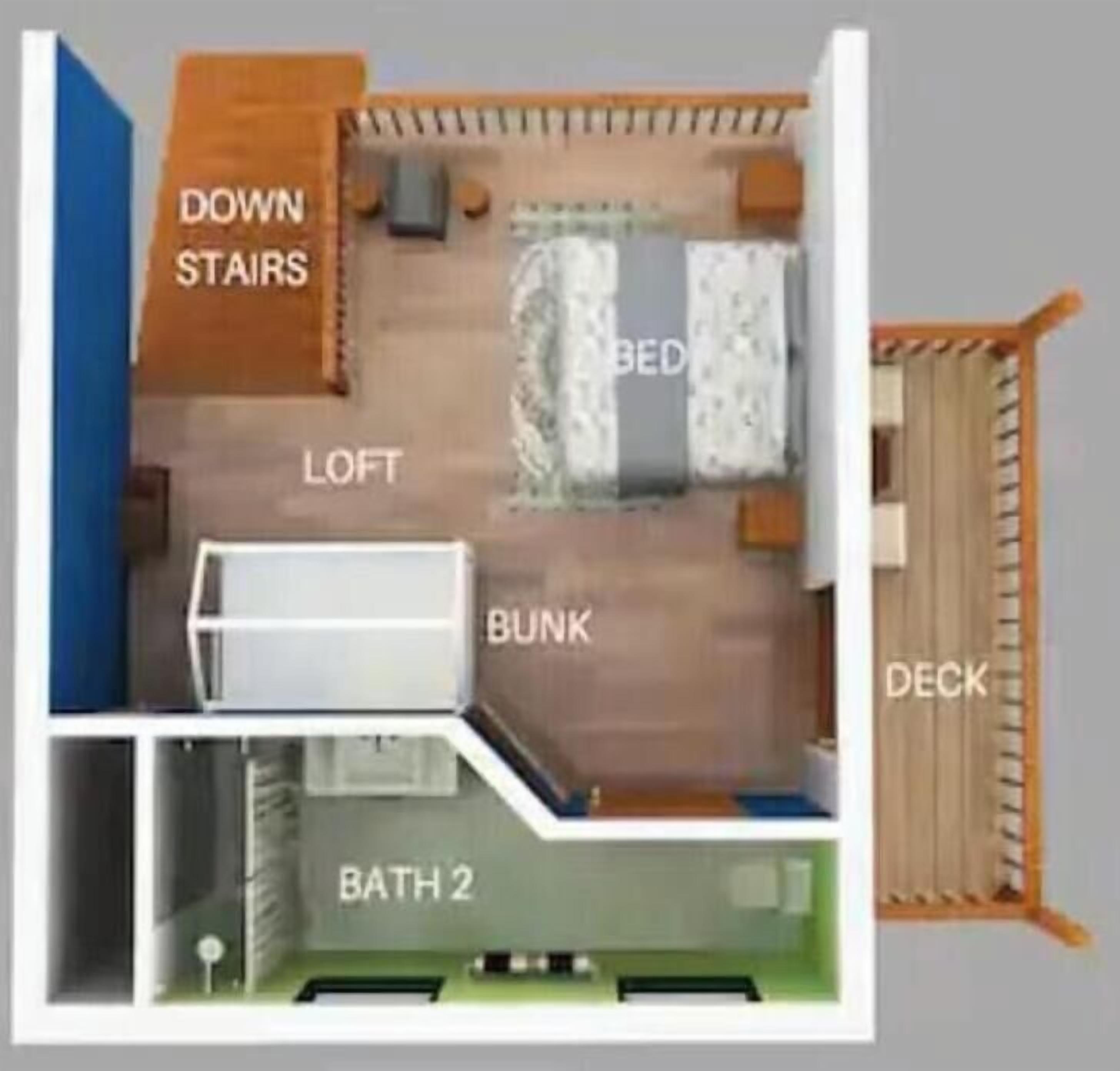 Un plan d’étage avec les zones suivantes clairement indiquées : MEZZANINE, COUCHETTES, CHAMBRE, ESCALIER, TERRASSE et SALLE DE BAINS 2.