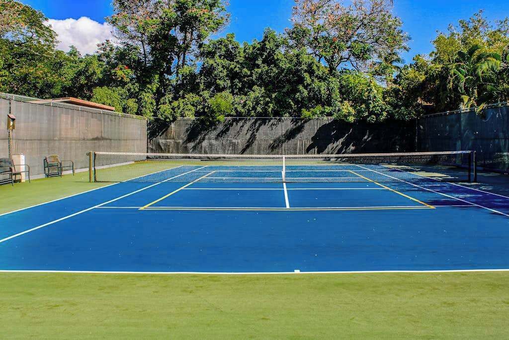 Ein Tennisplatz im Freien mit Netz, umgeben von Grünflächen und Bäumen.