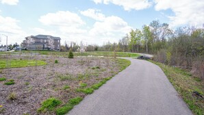 Un sendero pavimentado serpentea por una zona ajardinada, con un edificio al fondo.