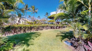 Um jardim tropical com palmeiras e um gramado bem cuidado.