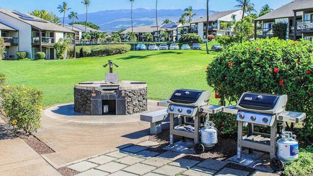 Un hotel con estaciones de barbacoa al aire libre, un hogar a leña de piedra y vistas a las montañas.